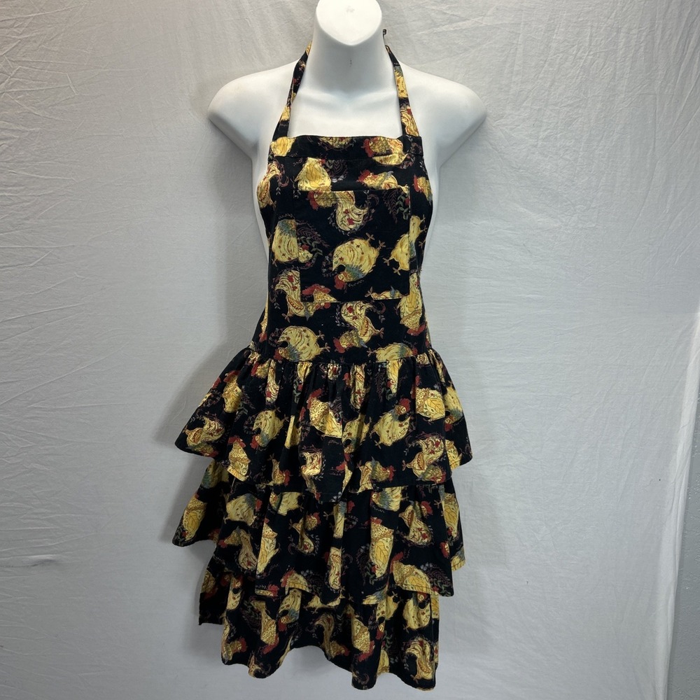 April Cornell Tiered Ruffle Chicken Rooster Print Kitchen Apron One Size Cotton